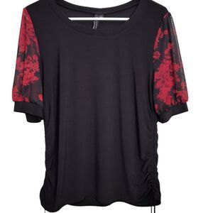 Zero 2 Eight Black Blouse W/ Red Floral Mesh Sleeves